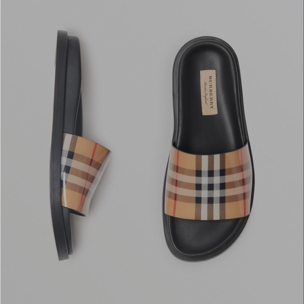 Burberry Black and Tan Plaid Slides